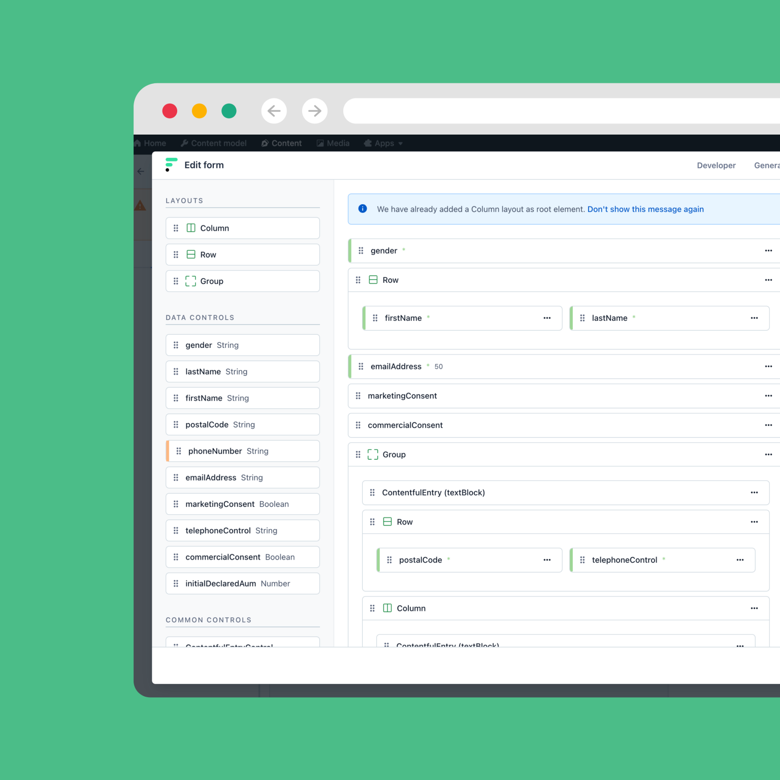 A screenshot on a green background of our Formalizr platform, a seamless Contentful integration (= Contentful app) to manage forms in your Contentful interface