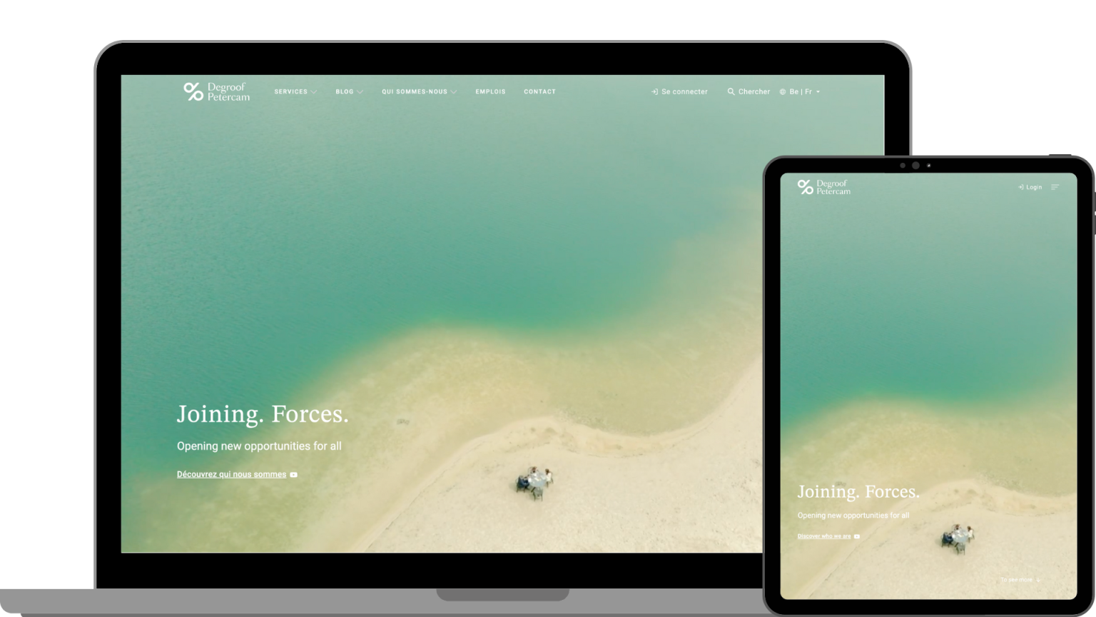 Mockup of a laptop and table, both showing the homepage of Degroof Petercam