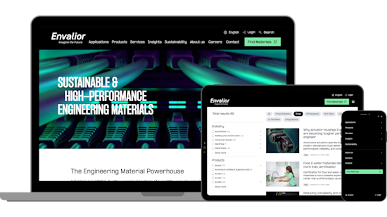 Mockup of a laptop, Ipad and Iphone showing the website of Envalior.
