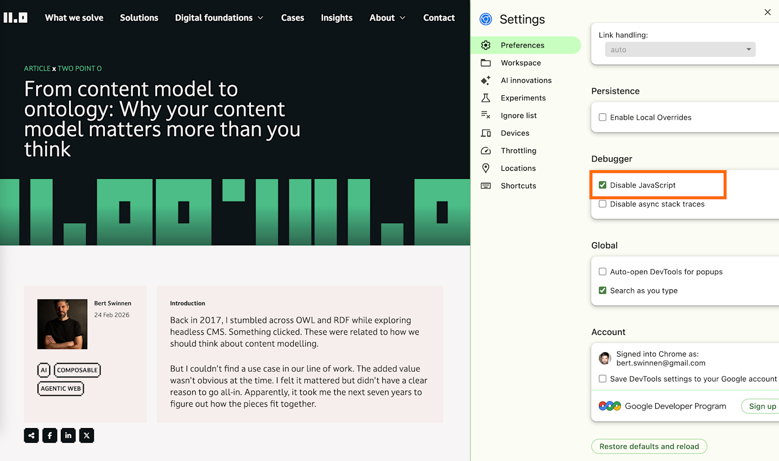 Website article about content models and ontology with browser developer settings panel open showing JavaScript options.