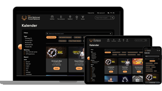 Mockup showing the Vorst Nationaal / Forest Nationale calendar overview page on laptop, tablet and phone to show the responsive layout