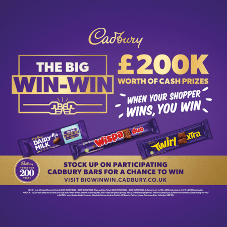 WIN BIG with Cadbury singles and duos. There’s £100k* available for retailers to win