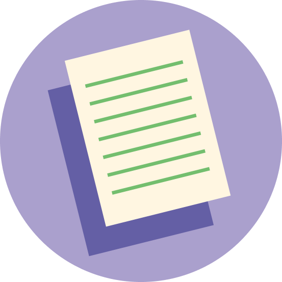 A colourful, purple graphic depicting note paper with green lines.