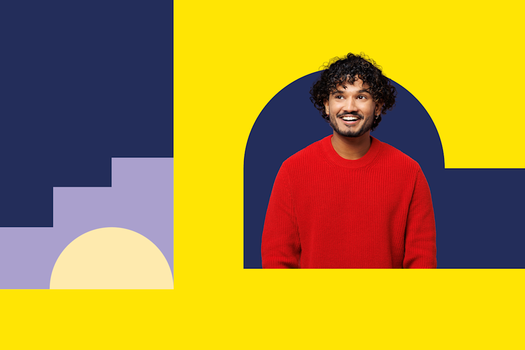 A cut out of a man wearing a bright red jumper and smiling. The background is a colourful graphic, with bright yellow, blue and purple.