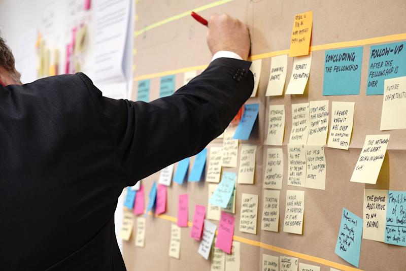 suited man's arm writes on board with multiple post it notes marked up in black ink.