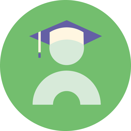 A colourful green graphic of a cartoon person made from building blocks wearing a purple graduation cap.