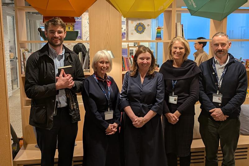 The Children’s Commissioner for England with Anna Freud staff (Claire Evans, Rachel de Souza, Lesley French and Eamon McCrory), all smiling.