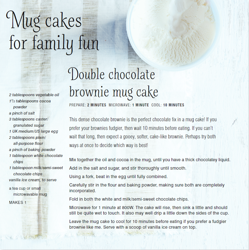 A picture of a chocolate mug cake recipe.