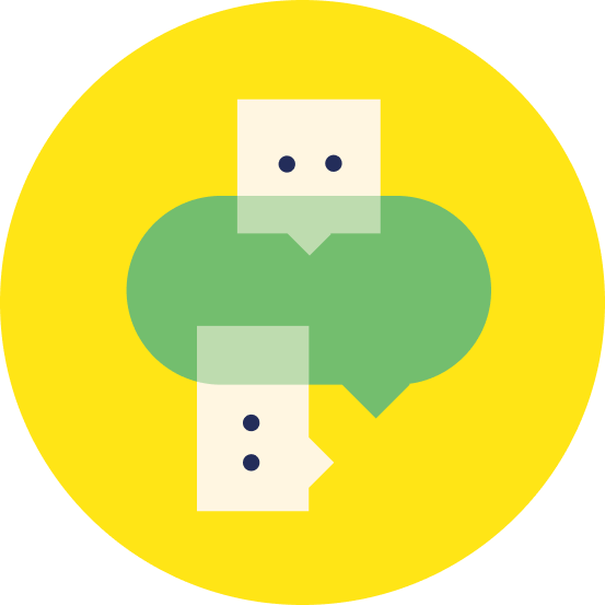 A colourful yellow graphic of a green speech bubble with two smaller bubbles next to it.