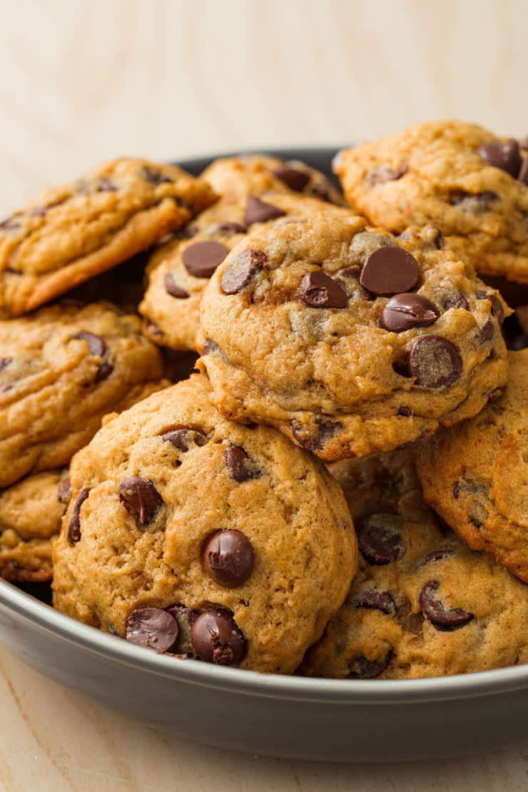 Pumpkin chocolate chip cookies in a bowl