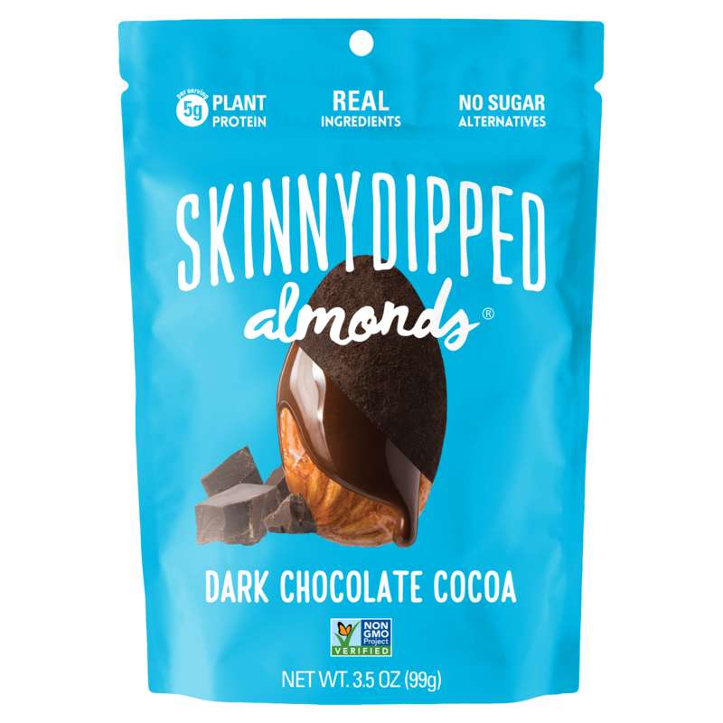 A package of dark chocolate cocoa Skinny Dipped almonds