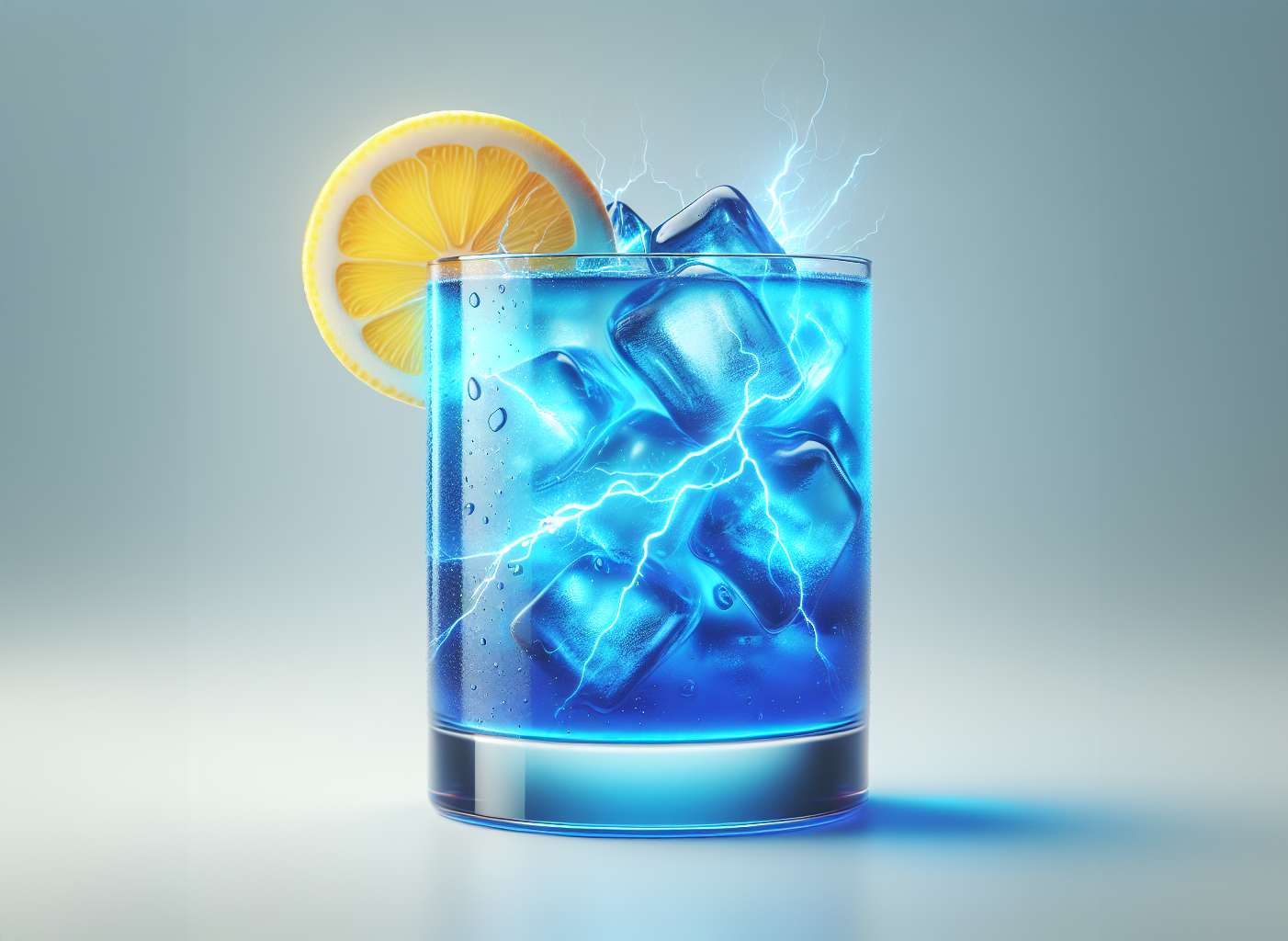 A glass with blue liquid and ice, topped with a lemon slice and whimsical lightning bolts.