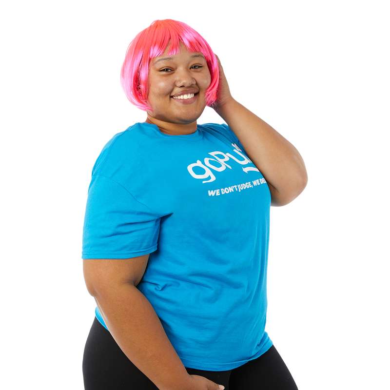 Woman in Gopuff tee wearing pink bob wig