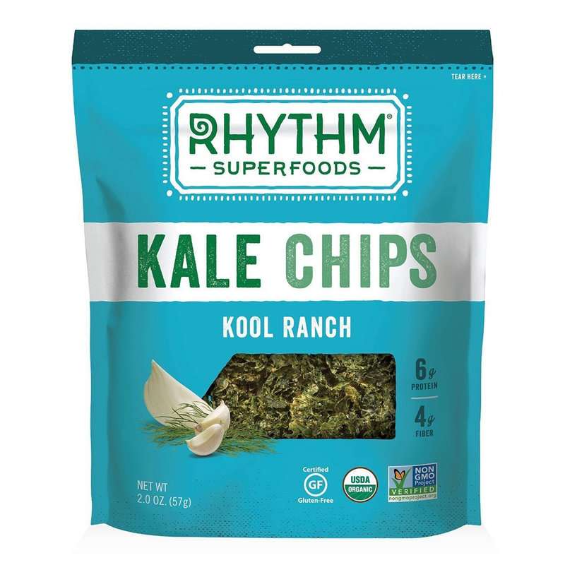 A bag of Rhythm Superfoods Kale Chips, Kool Ranch flavor