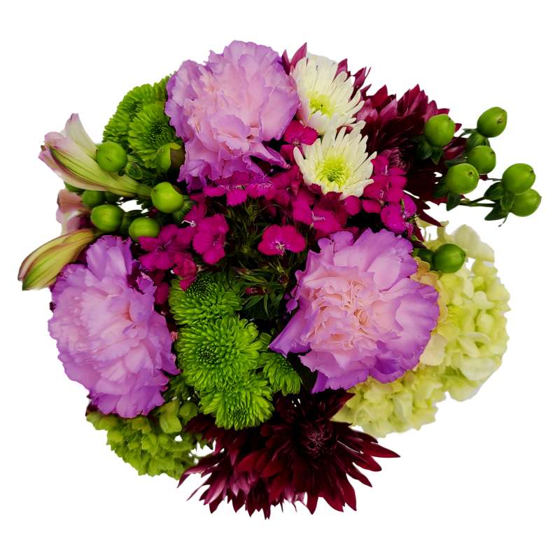 Bouquet of purple, pink, green and white flowers 