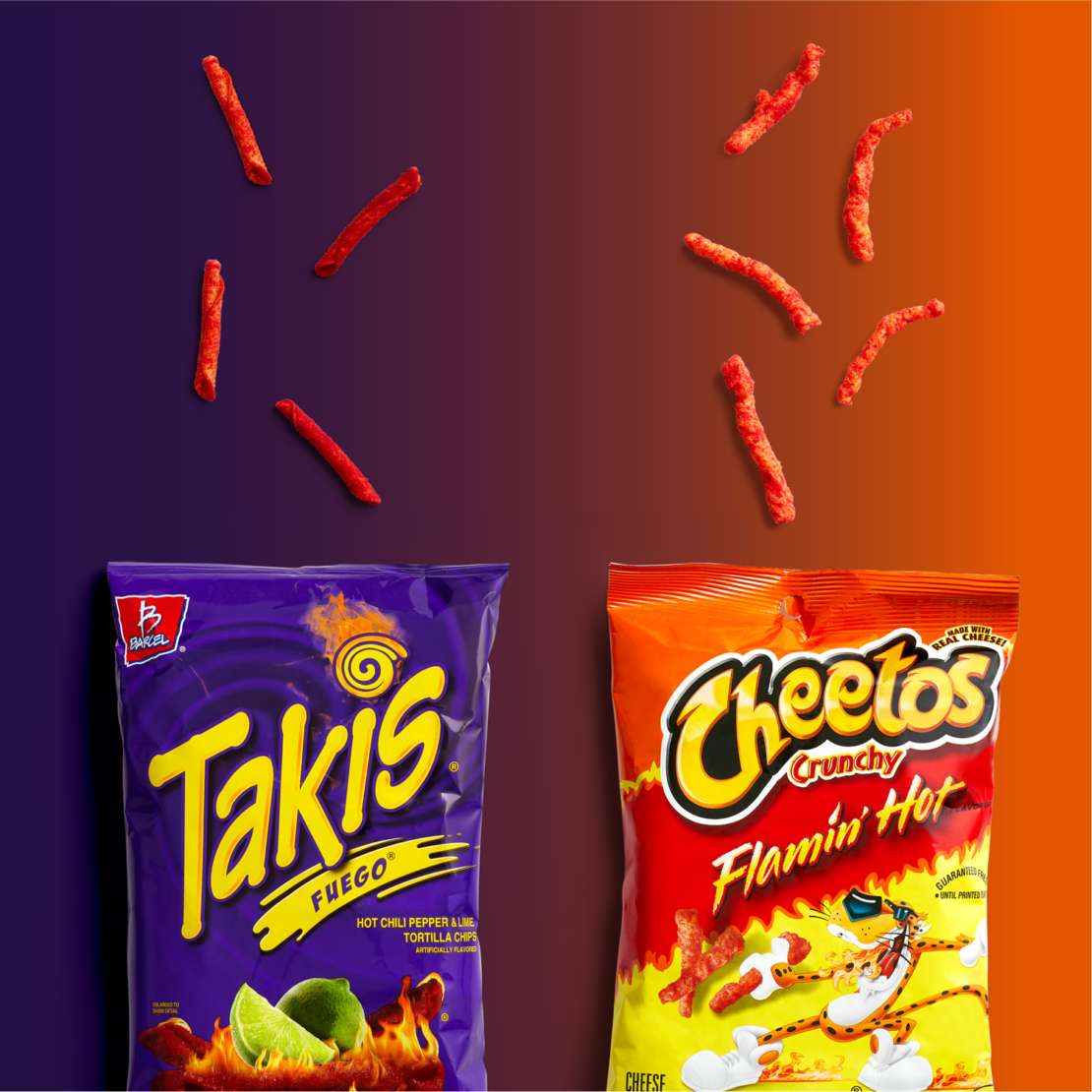 Cheetos and Takis Bags Next to each other with chips falling from the sky
