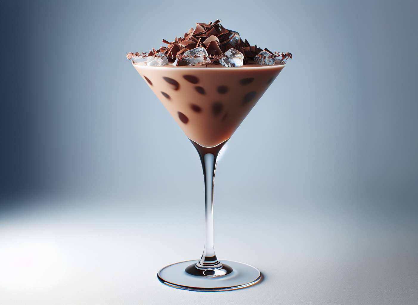 A martini glass filled with a creamy, chocolate drink topped with shards of chocolate and ice cubes.