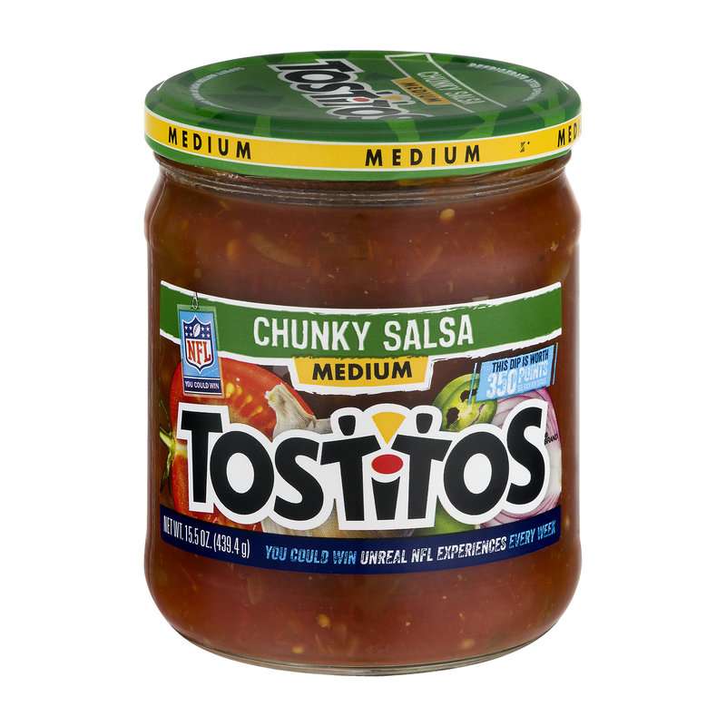 A jar of Tostitos Chunky Salsa, Medium spice level