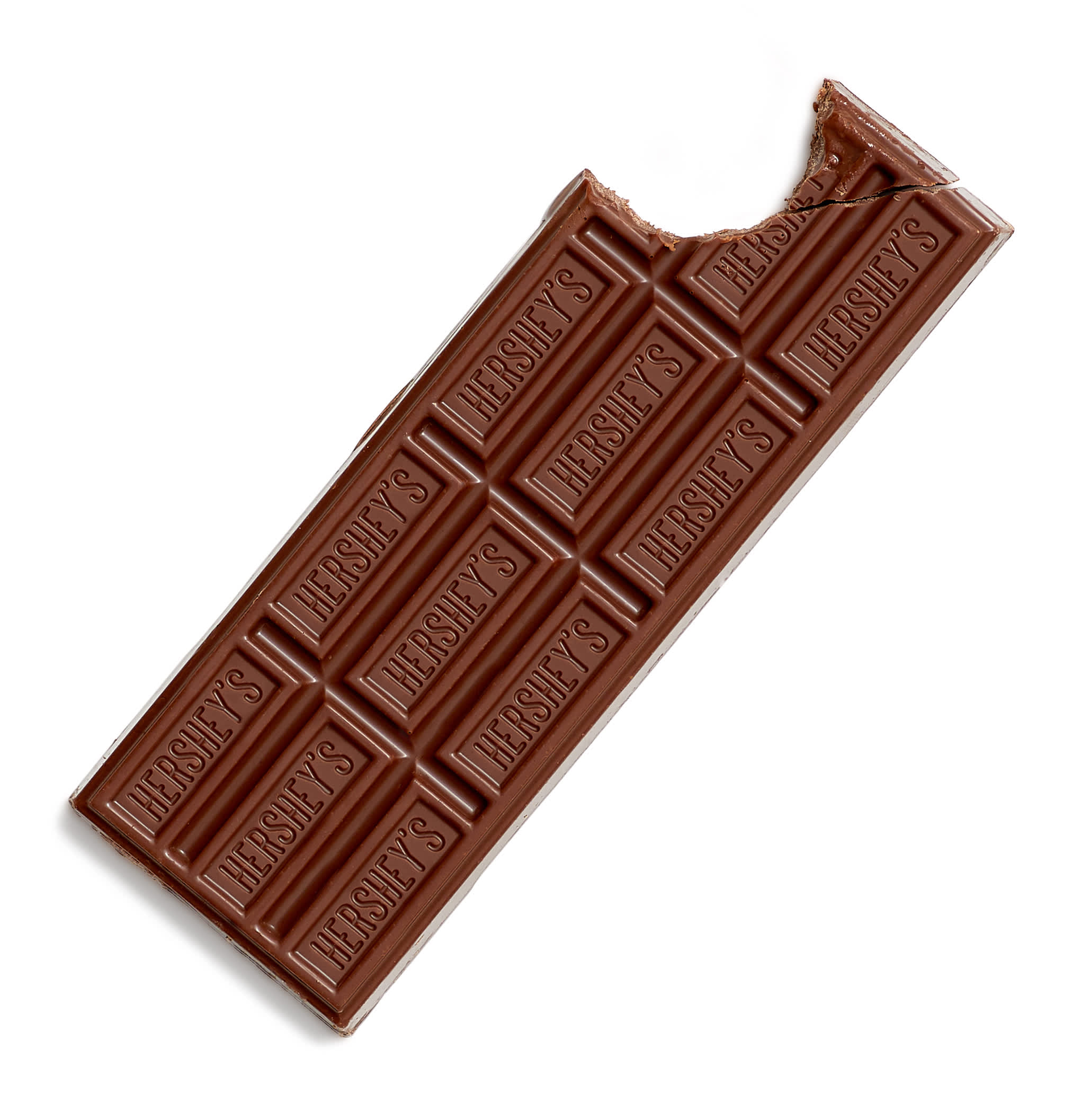 A Hershey chocolate bar with a bite taken out
