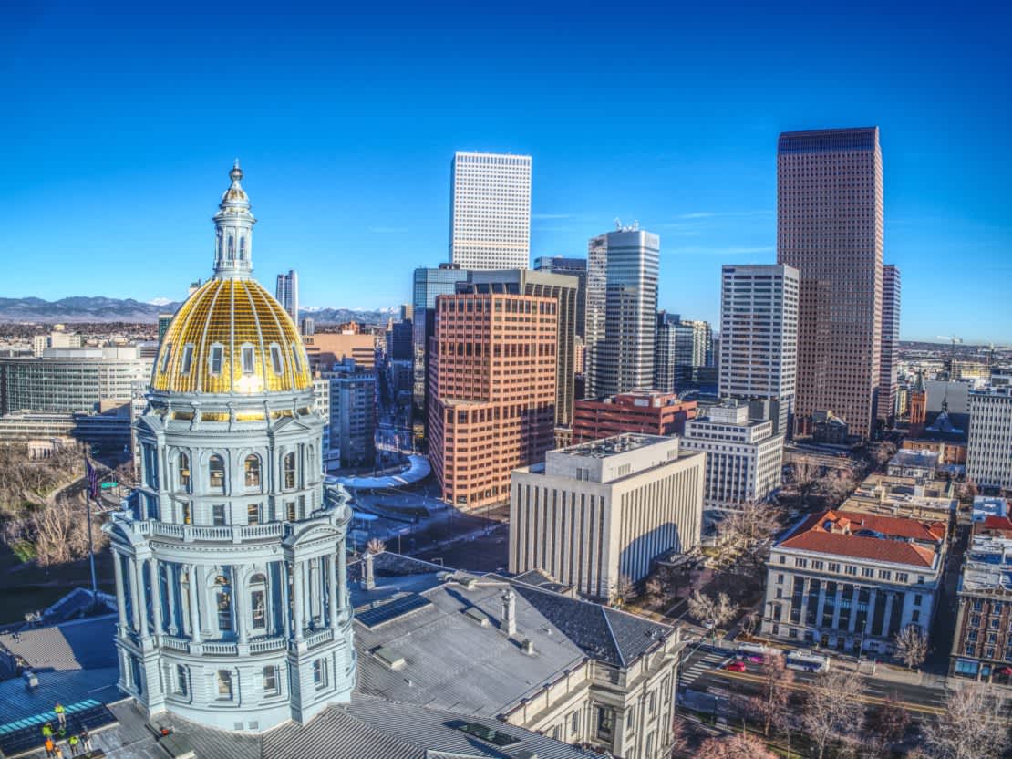 Aerial shot of the Denver city skyline