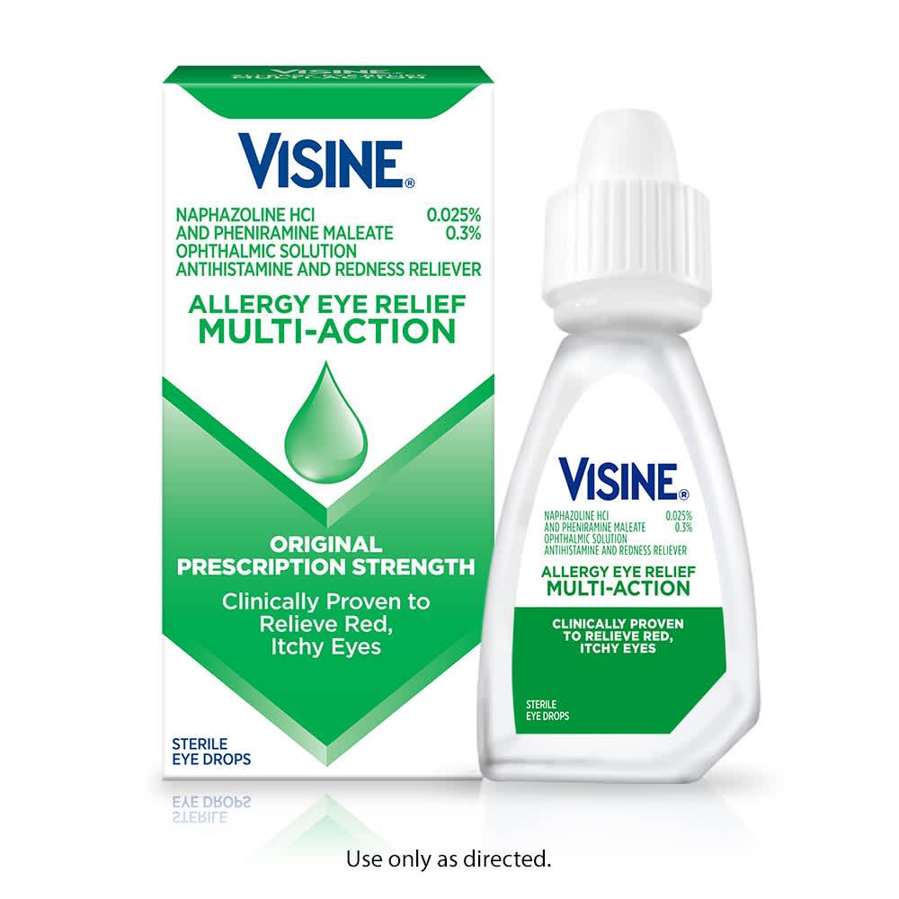 A box of VISINE Allergy Eye Relief Multi-Action Antihistamine and Redness Reliever Eye Drops next to a container of the drops