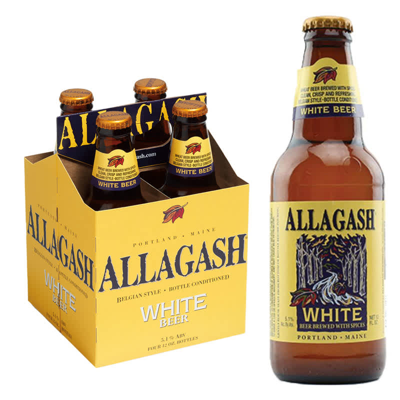 6-pack of Allagash White next to a single bottle