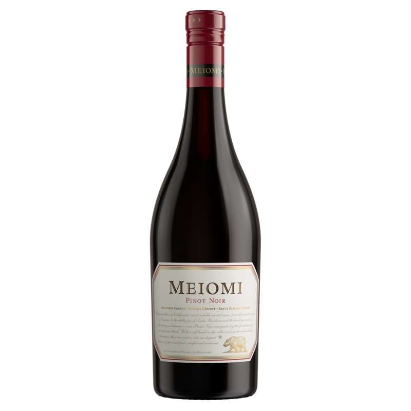 A bottle of Meiomi Pinot Noir wine