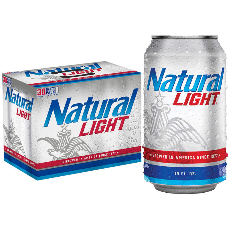 12-pack of Natural Light cans next to 1 Natural Light can 