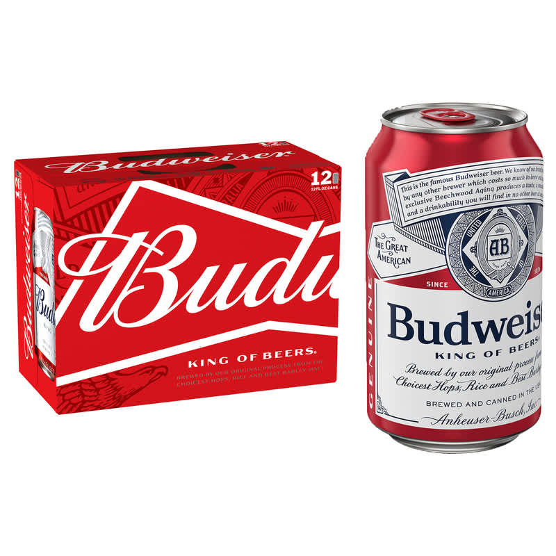 12-pack of Budweiser cans next to 1 Budweiser can 