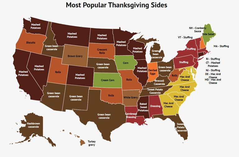 United States map showing the most popular Thanksgiving side dish in each state