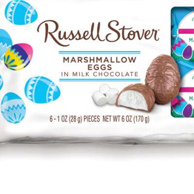 Packaging of a bag of Russell Stover marshmallow chocolate eggs.