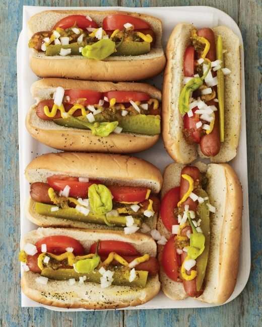 Chicago-style hot dogs on a tray