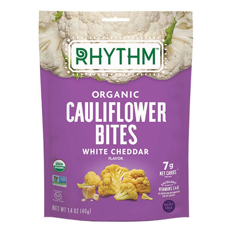 A bag of Rhythm Superfoods White Cheddar Cauliflower Bites