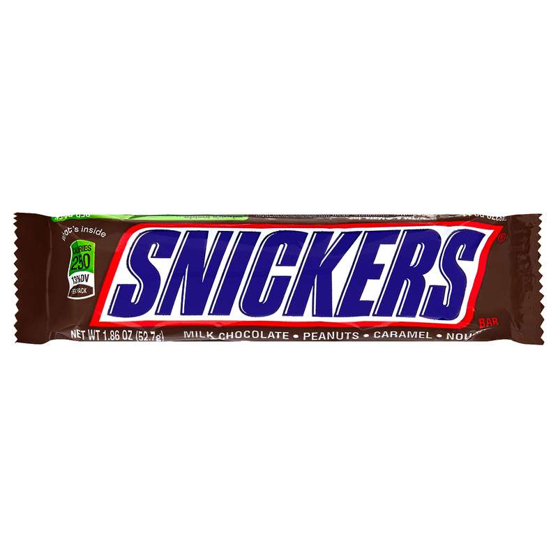 A standard size Snickers candy bar