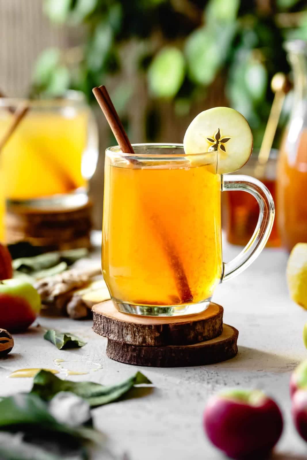 Glass mug filled with vodka hot toddy cocktail & cinnamon stick with apple slice garnish