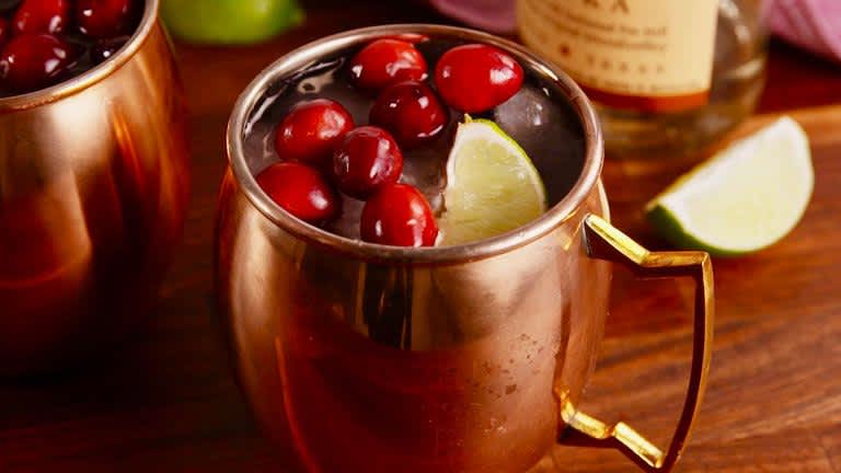 Copper Moscow mule mug filled with a cranberry mule