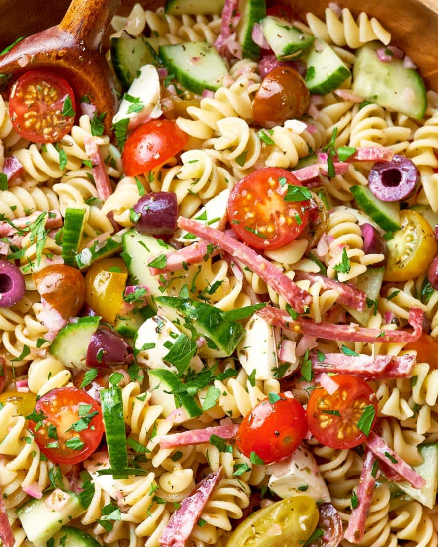 Italian pasta salad with salami, tomatoes & olives