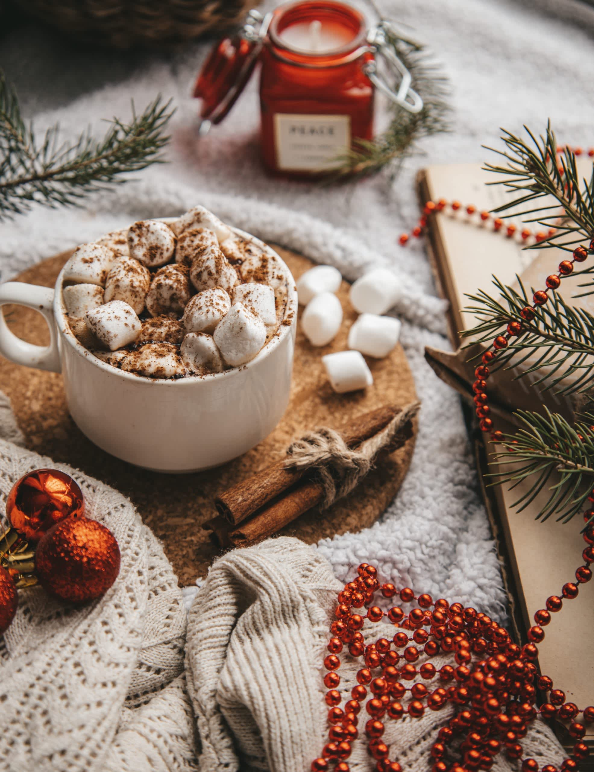 A festive Christmas spread of hot cocoa and marshmallows