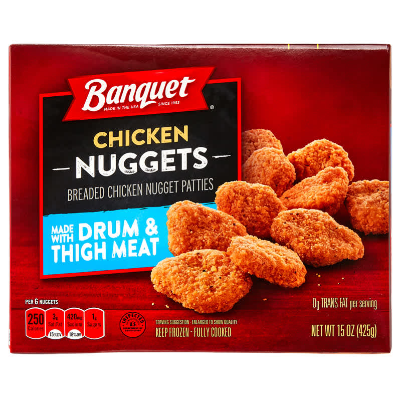A box of Banquet brand chicken nuggets