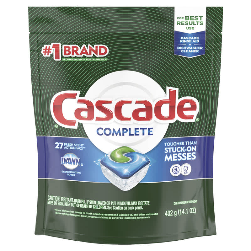 A bag of Cascade Complete Dishwasher Pods, ActionPacs