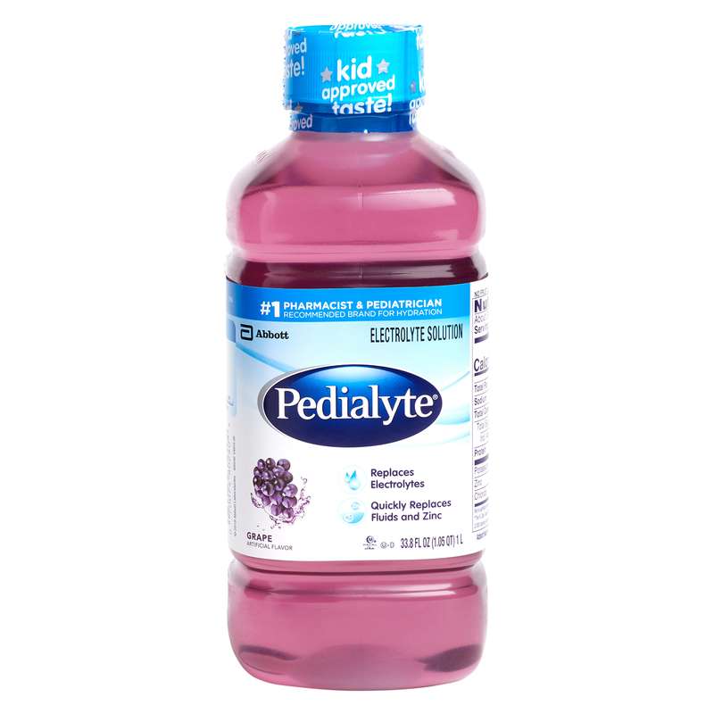 A bottle of Pedialyte grape flavor