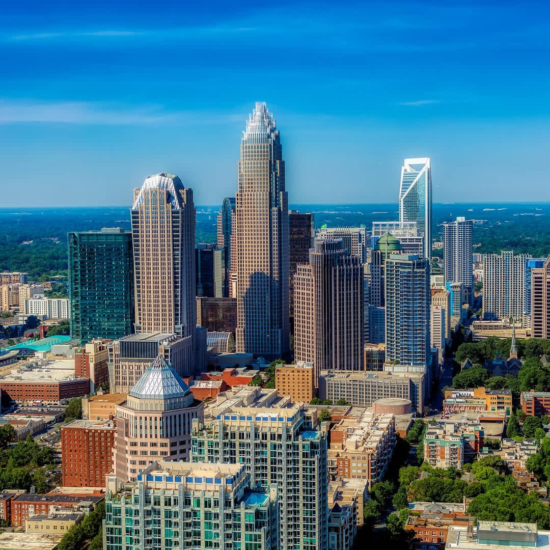 Aerial shot of the Charlotte, NC city skyline