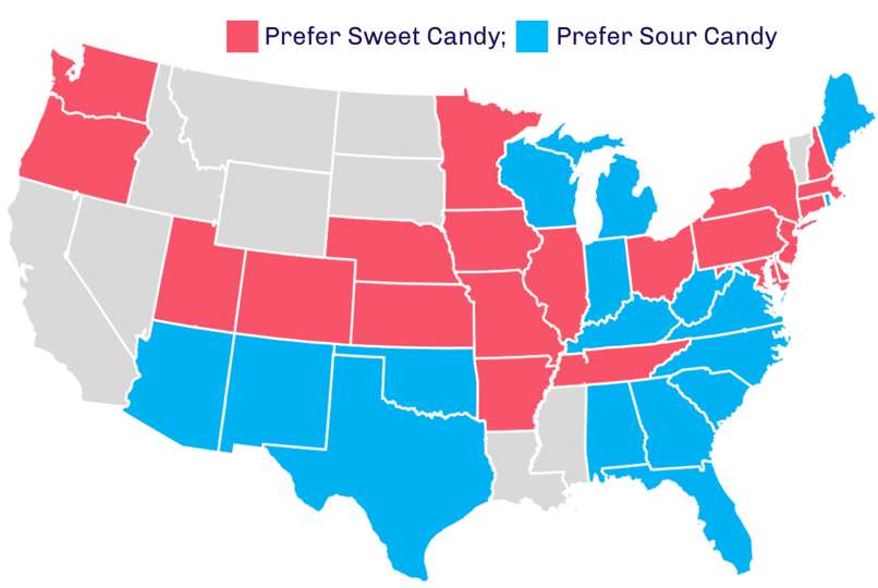 A map of the US showing what states prefer ordering sweet vs. sour candy on Gopuff