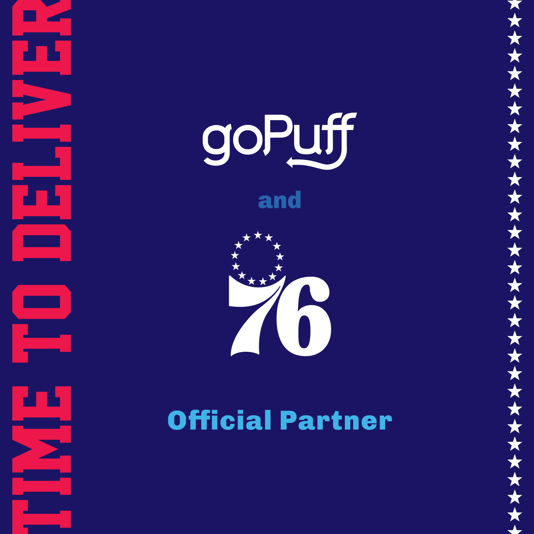 The Gopuff and Philadelphia 76ers logos on a blue background announcing a new partnership