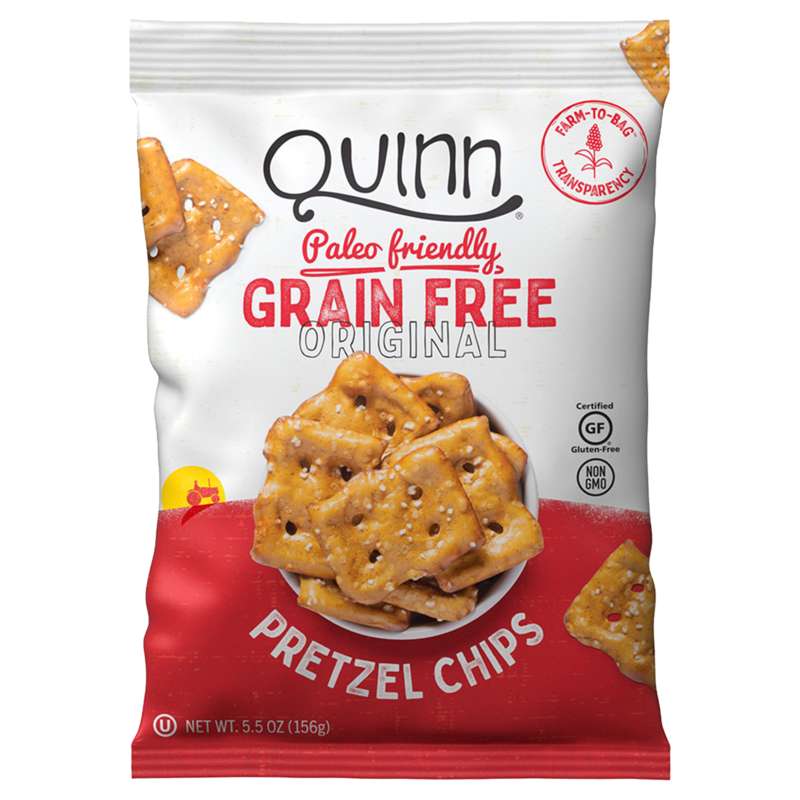 A 5.5 oz bag of Quinn Original Pretzel Chips