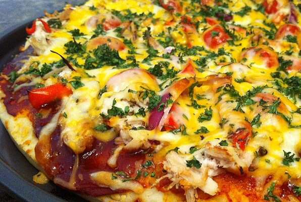Close up of BBQ chicken grilled pizza
