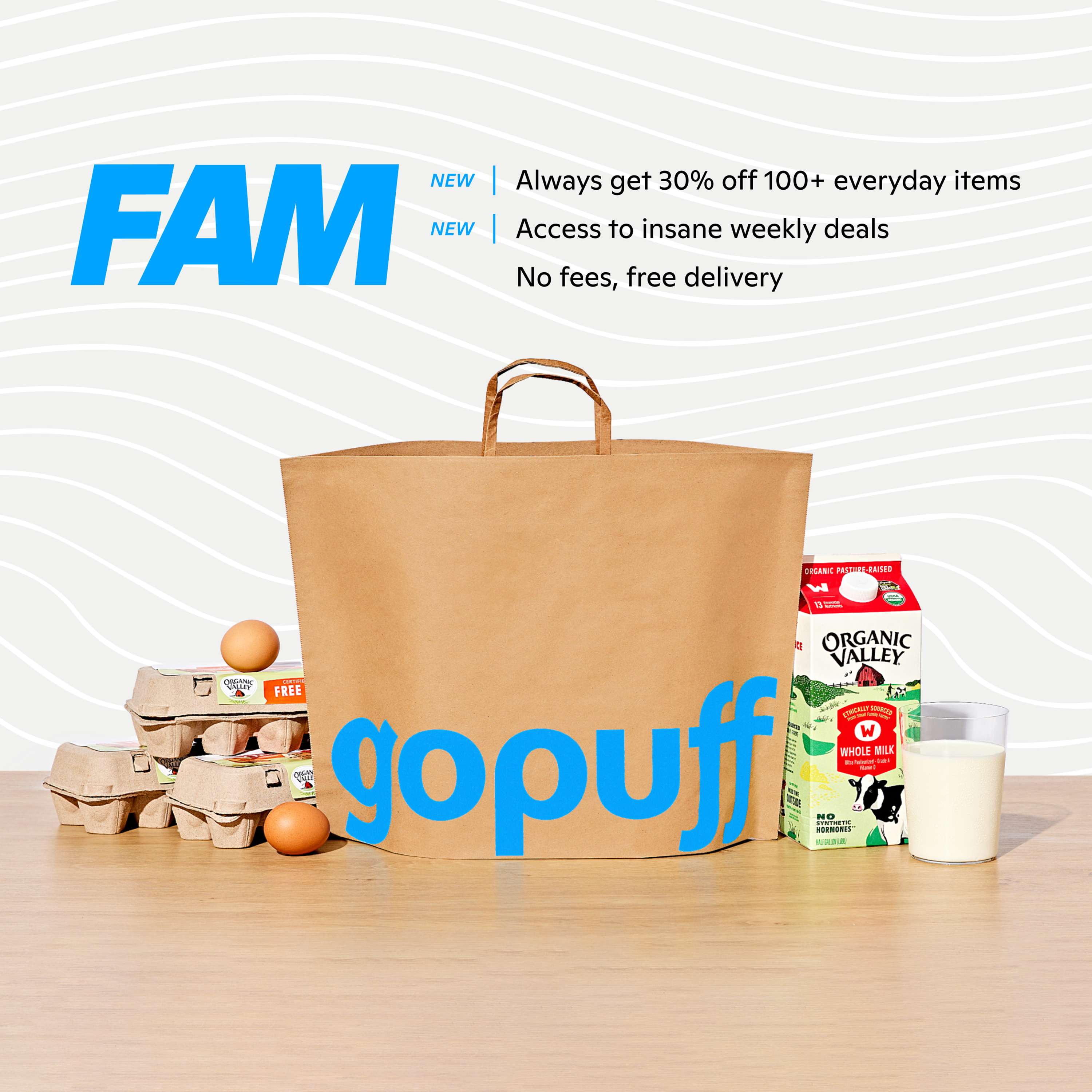 Gopuff bag with FAM pricing on everyday essentials