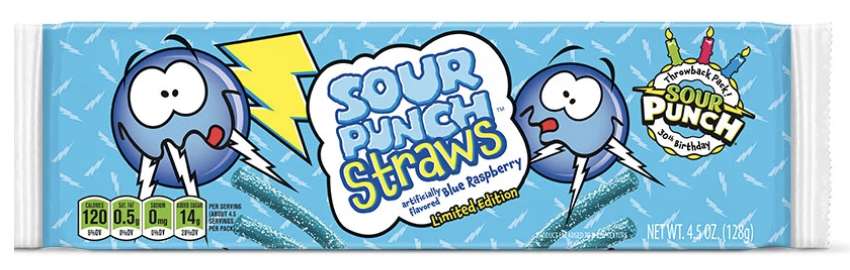 A single-serving tray of Sour Punch Straws in flavor blue raspberry