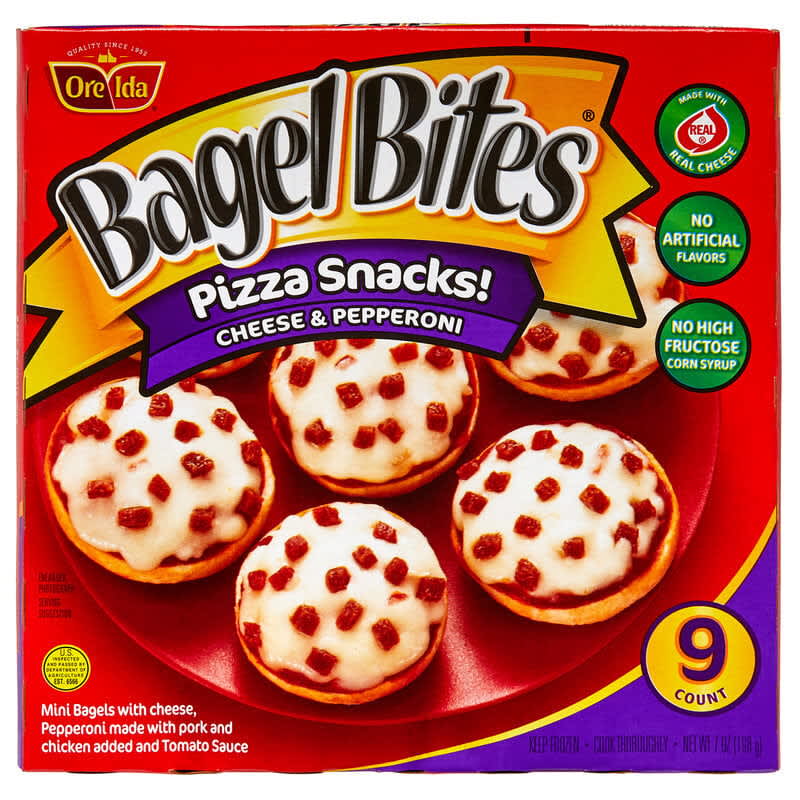 A box of Pepperoni Bagel Bites Pizza Snacks