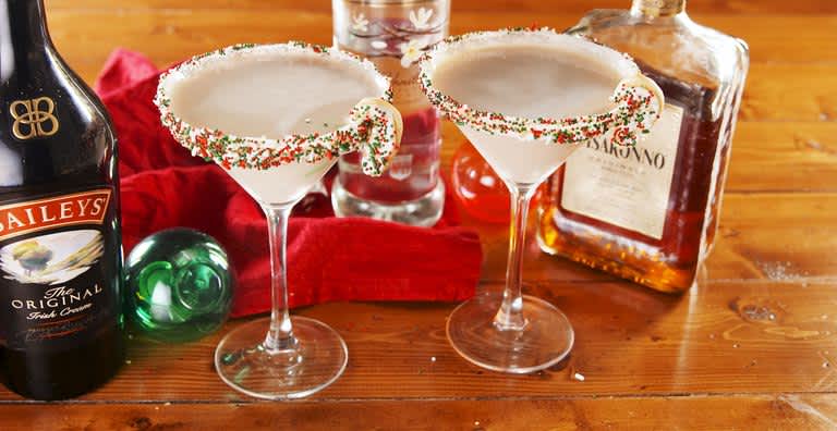Two martini glasses filled with sugar cookie martinis 